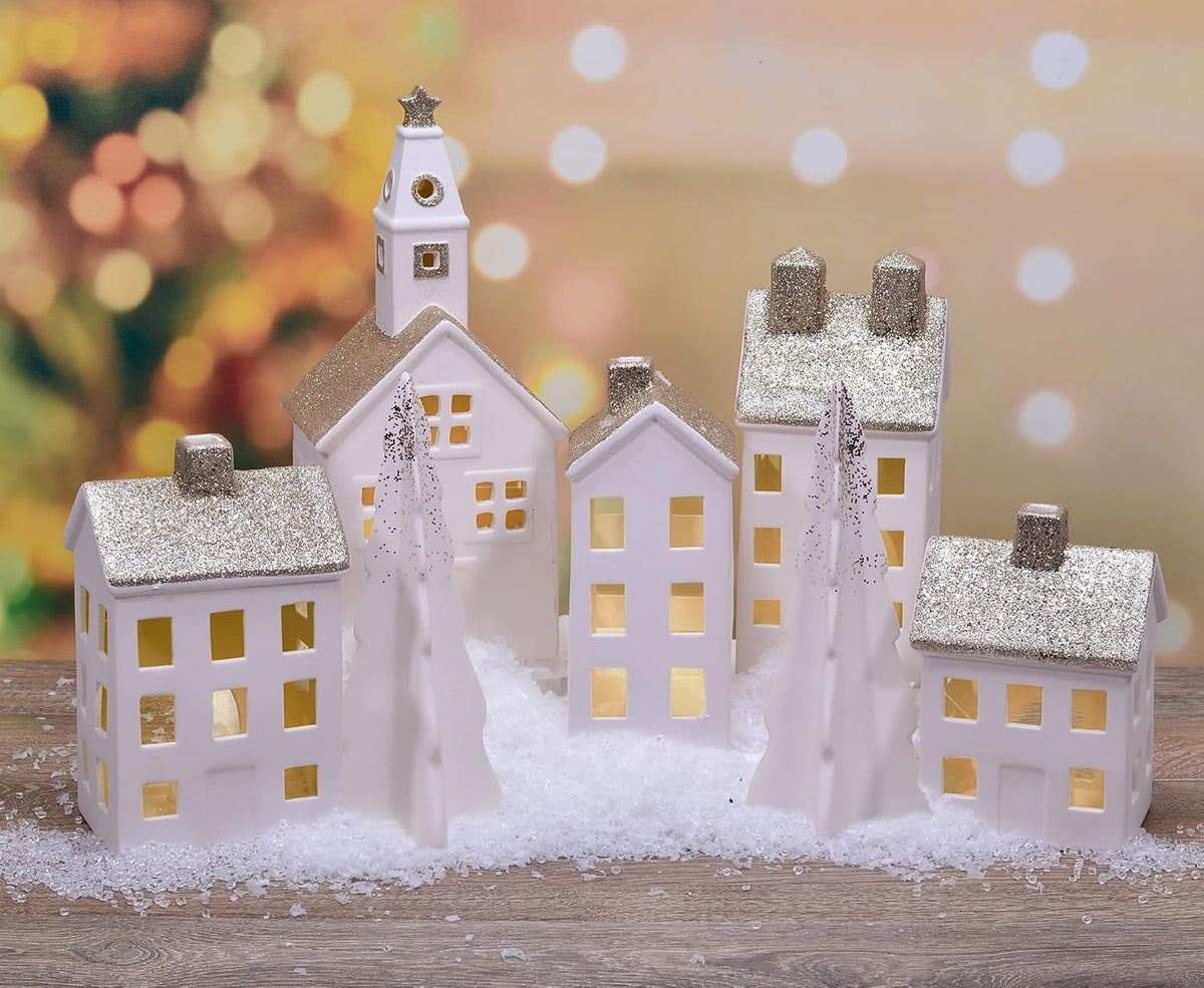 mark feldstein white glitter porcelain christmas village led, close-up detail