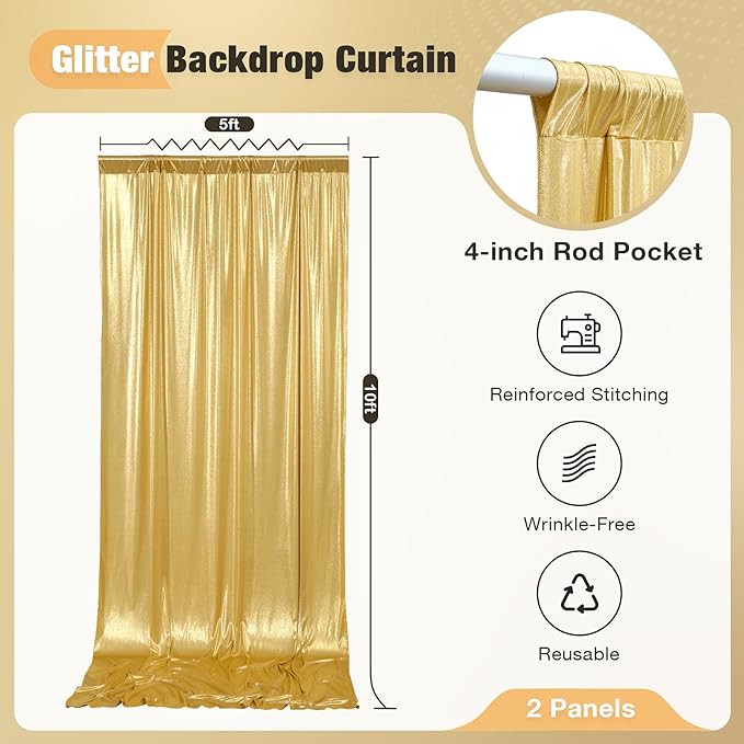 10x10FT Gold Sequin Backdrop - 2 Panels 5x10FT Wrinkle-Free Glitter Drapes for Weddings, Parties & Events