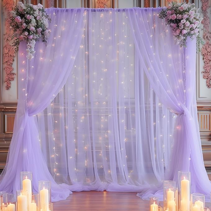 10x10ft Purple Tulle Backdrop Curtain with Lights String for Parites, Sheer Photo Backdrop Curtains with Lights for Wedding Backdrop Ceremony Reception Bridal Shower Baby Shower Birthday Party