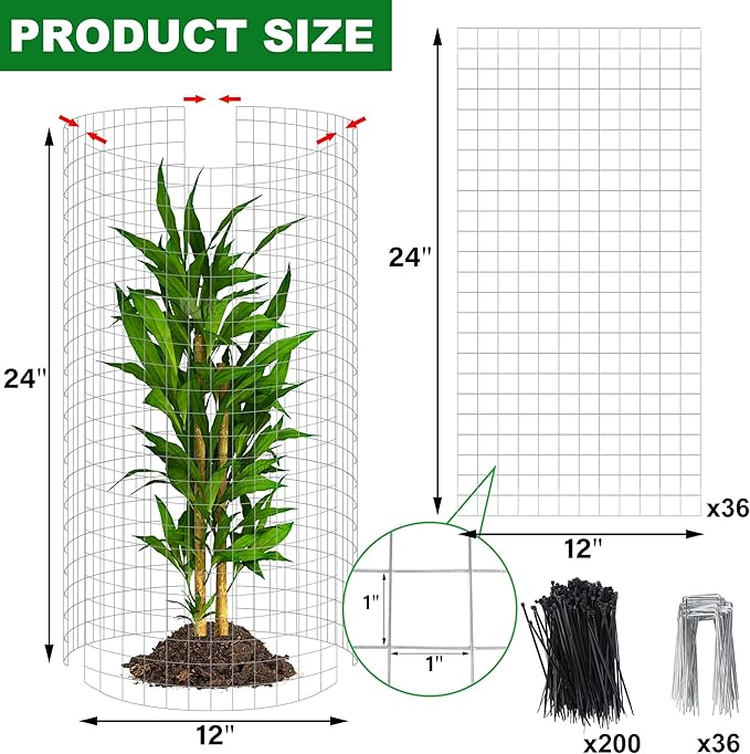 winemana 12 Set Garden Plant Protector Cage, 24x12 in Metal Wire Protectors for Plants, Protection Cages with Stakes & Nylon Ties, Animals Barrier to Keep Rabbit & Chicken Away from Flower Vegetables (36 Pcs)
