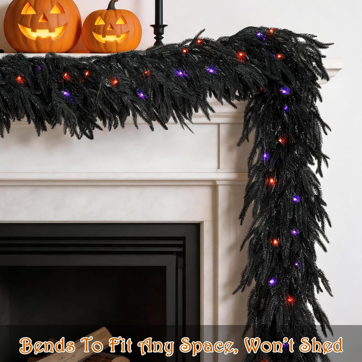 9FT Soft Touch Black Norfolk Pine Halloween Garland with Timer Lights