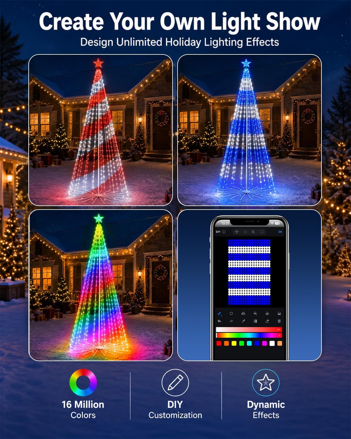 9ft outdoor christmas tree with lights, smart rgbw, side view