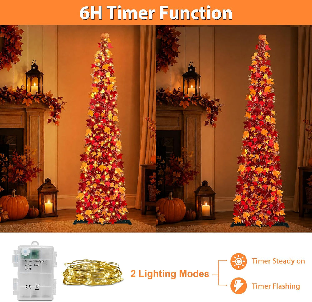 [Timer] 5FT Fall Tree with Lights, 50 LEDs Tinsel Maple Tree with Pumpkin Top...
