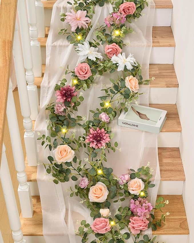 Waipfaru Artificial Flower Garland with Lights, 6.07Ft Lighted Eucalyptus Greenery Garland, Pink Rose Floral Vines for Wedding Table Runner Centerpieces Backdrop Decor
