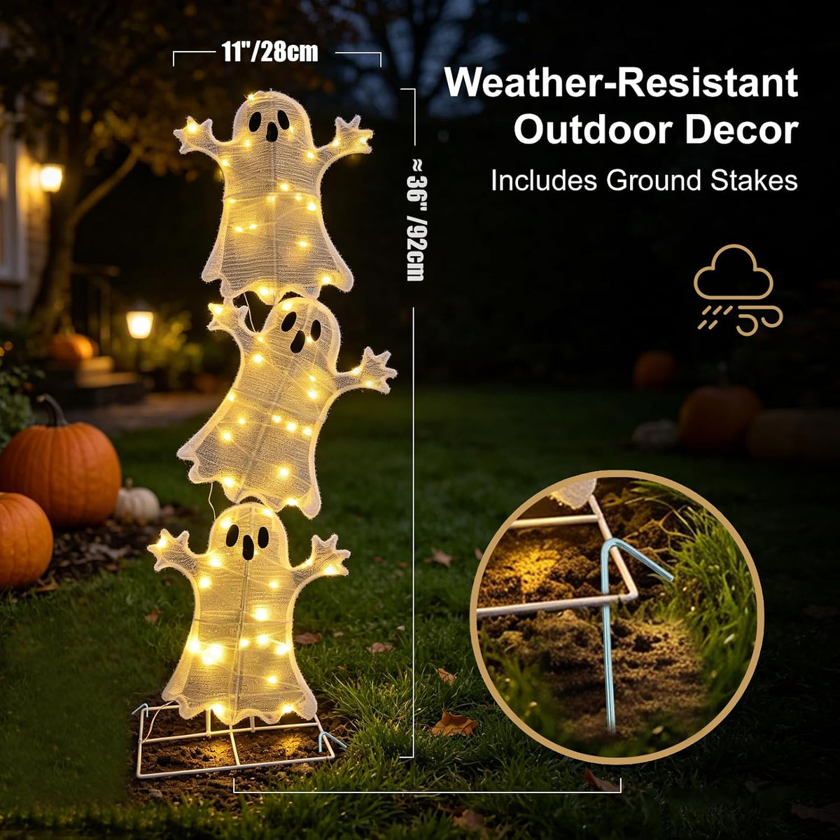 halloween decorations lighted 3 stacked ghosts, freestanding led, side view