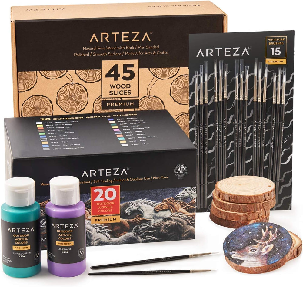 Arteza Outdoor Paint and Wood Slices Bundle, Painting Art Supplies for Artist...