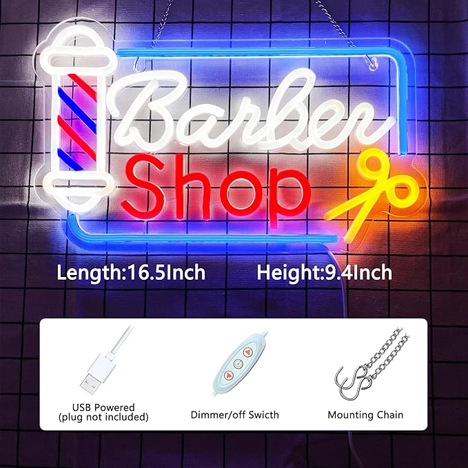BarberShop Neon Sign Led Wall Window Decor Neon Light Up Barber Shop Station Pole Hair Salon Accessories USB Powered 16.5"x9.4"