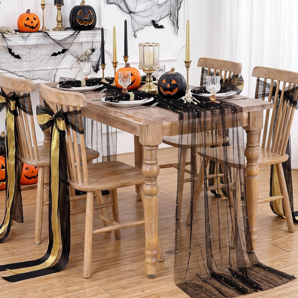 Gauze Tulle Table Runner Black Halloween Pearl Fabrics Sheer Veil Dessert