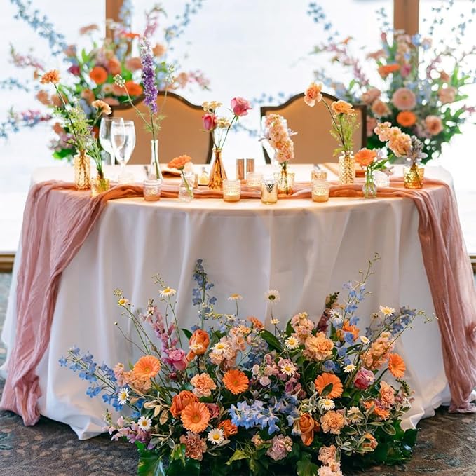 Sioloc 5 Pack Peach Coral Cheesecloth Table Runner Fall Autumn Decor for Home 10ft Table Cloth for Tea Wedding Birthday Party Baby Bridal Shower Halloween Thanksgiving