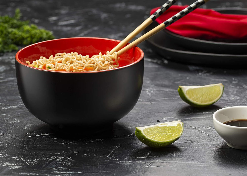 KooK Ceramic Japanese Noodle Bowl Set, 34 oz, Set of 4, Black/Red