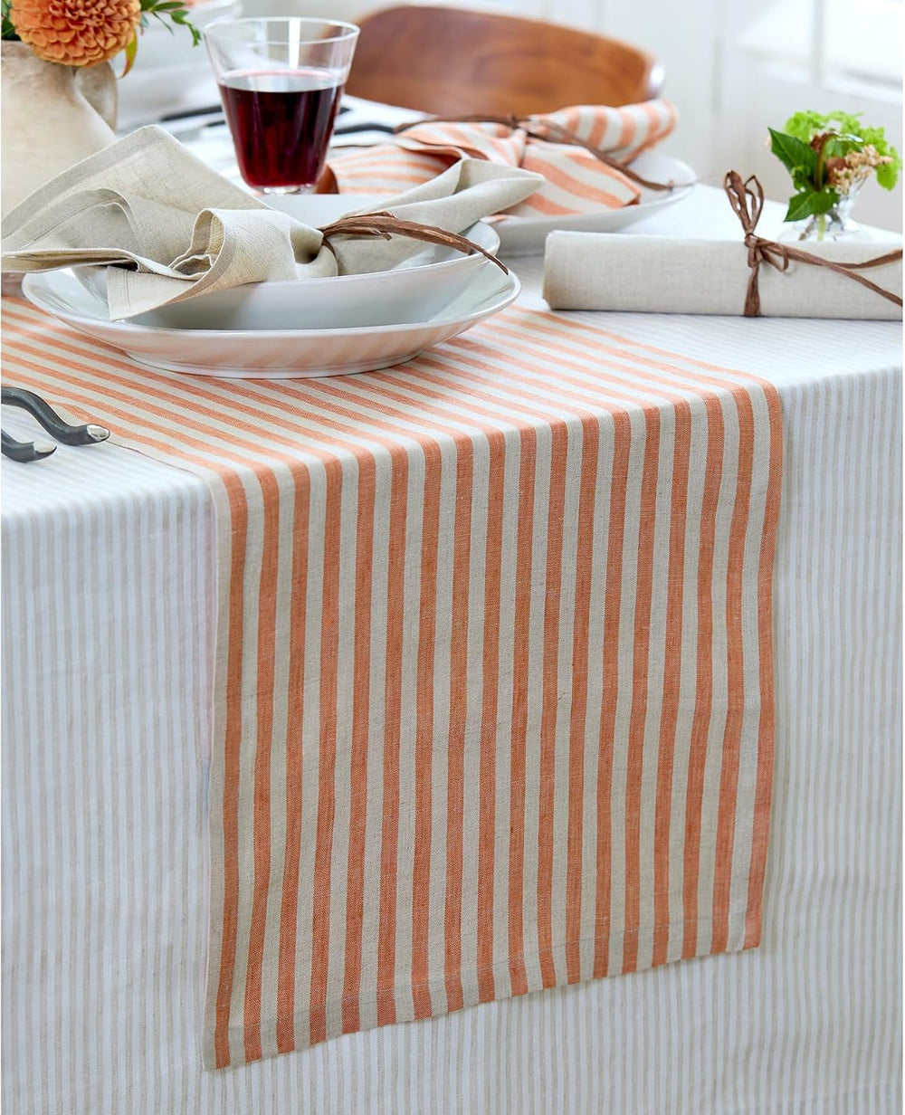 Solino Home 100% Linen Table Runner, 14 x 90 in, Pumpkin and Natural Stripe