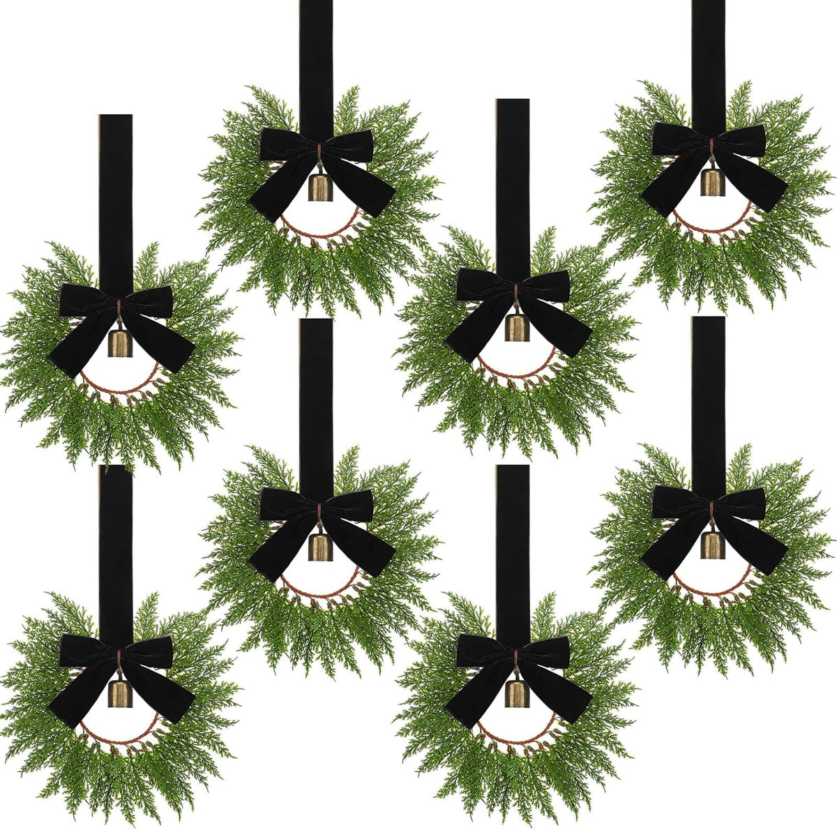 8 Pcs 9.8" Mini Christmas Wreaths Cabinet, Velvet, Classic, Black