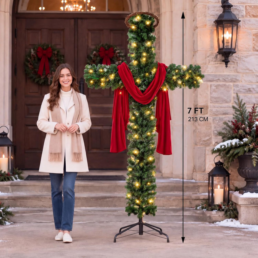Leyndo 7 ft Lighted Christmas Cross Tree, Christian Holiday Decor