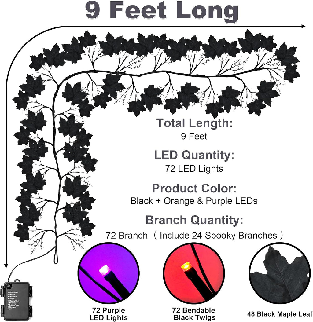 9 FT 72 LED Willow Vine Twig Decor Black Halloween Garland with Orange & Purple Lights, 8 Modes & Timer Waterproof Battery Operated for Home Fireplace Mantle Wall Office Indoor Halloween Decorations