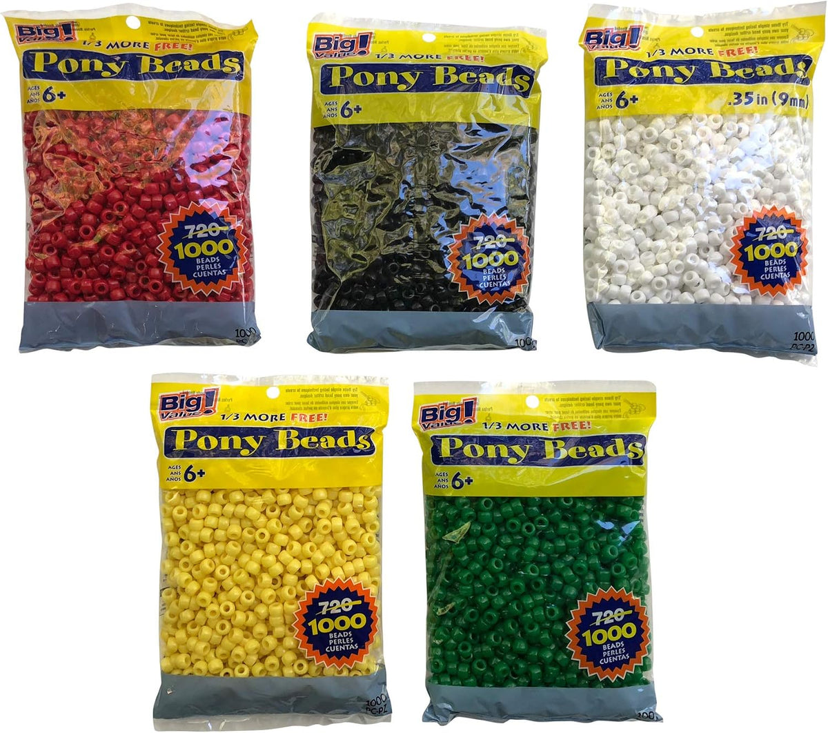 Darice Black, White, Red, Green, Yellow Plastic Beads -5 Pack- 9mm Opaque 1,000 Count Each