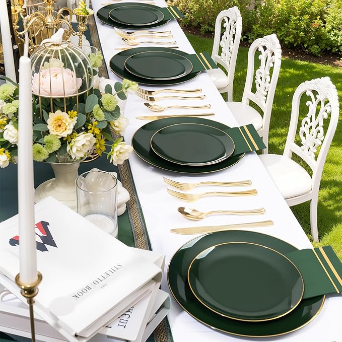 NOCCUR 350PCS Green Plastic Plates - Disposable Green Gold Dinnerware Set for 50 Guests, 100 Dinner/Dessert Plates, 150 Gold Silverware, 50 Cups&50 Napkins for Party/Wedding/Birthday/Christmas
