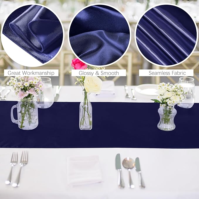 Aneco 16 Pack Satin Table Runner 12 x 108 Inch Navy Blue Long Wedding Satin Silk Table Runner for Wedding Banquet Graduations Birthday Party Decoration