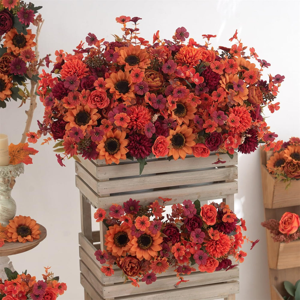 Mixed 10 Pcs Fall Artificial Sunflower Peony Bouquet, Burnt Orange Burgundy S...
