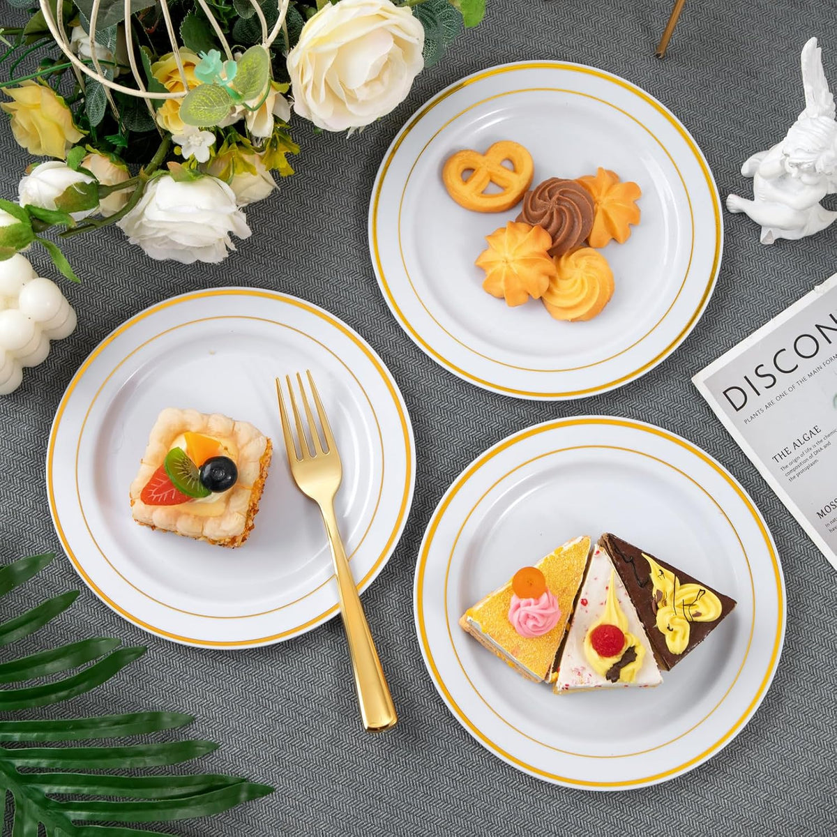 wellife 144pcs gold dessert plates, 7.5 inch plastic showing dimensions