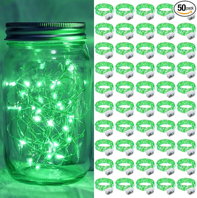 50 Pack Green Fairy Lights 7Ft 20 LED Twinkle String Lights 3 Modes Battery Operated Waterproof Firefly Starry for Mason Jar Party Wedding Christmas Valentines Day Table Centerpieces