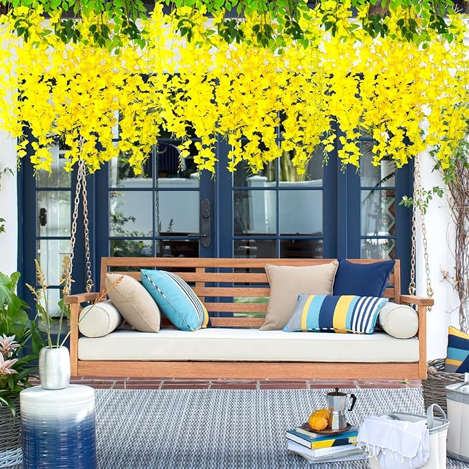 24 Pack Artificial Fake Wisteria Vine Ratta (3.75 Feet) Hanging Garland Silk Flowers String Home Party Wedding Decor (Yellow)