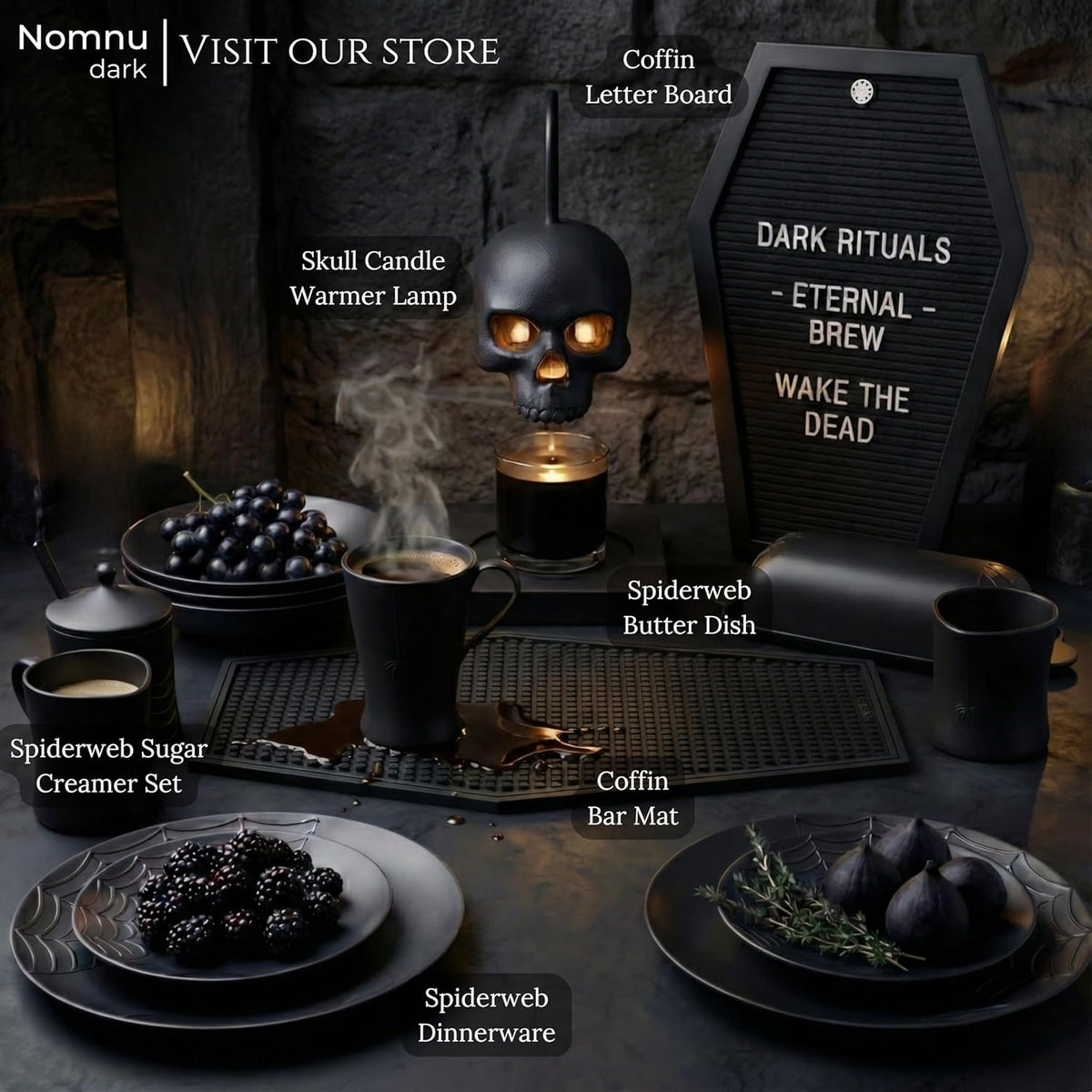 Nomnu Coffin Letter Board, Black Goth Decor with Bat Stickers Spooky Emojis