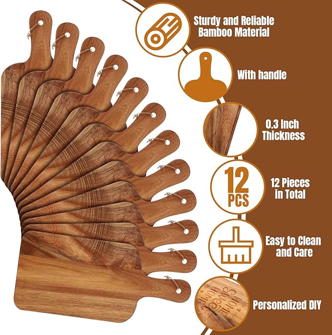 Patelai 12 Packs Wooden Cutting Board Set with Handles Large Kitchen Serving Plain Chopping Board Bulk Gifts for Mom for Vegetables Meat Pizza Cheese Fruit Bread(Acacia Wood,15 x 7 Inch)