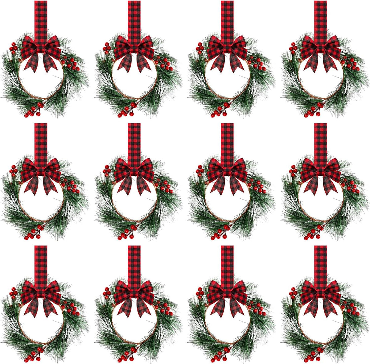 Crowye 12 Pcs Small Mini Christmas Cabinets Wreaths for Kitchen with Ribbon 10'' Hanging Artificial Green Leaves Decor Berry for Window Front Door Kitchen Wall Decor (Red and Black)