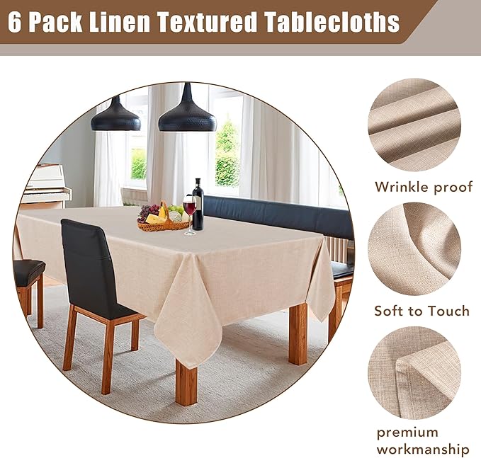 Fitable Faux Linen Beige Tablecloths for Rectangle Tables - 90 x 156 Inch - 6 Pack Fabric Textured Washable Table Clothes Floor Lenghth Table Covers for Wedding, Party, Banquet, Birthday