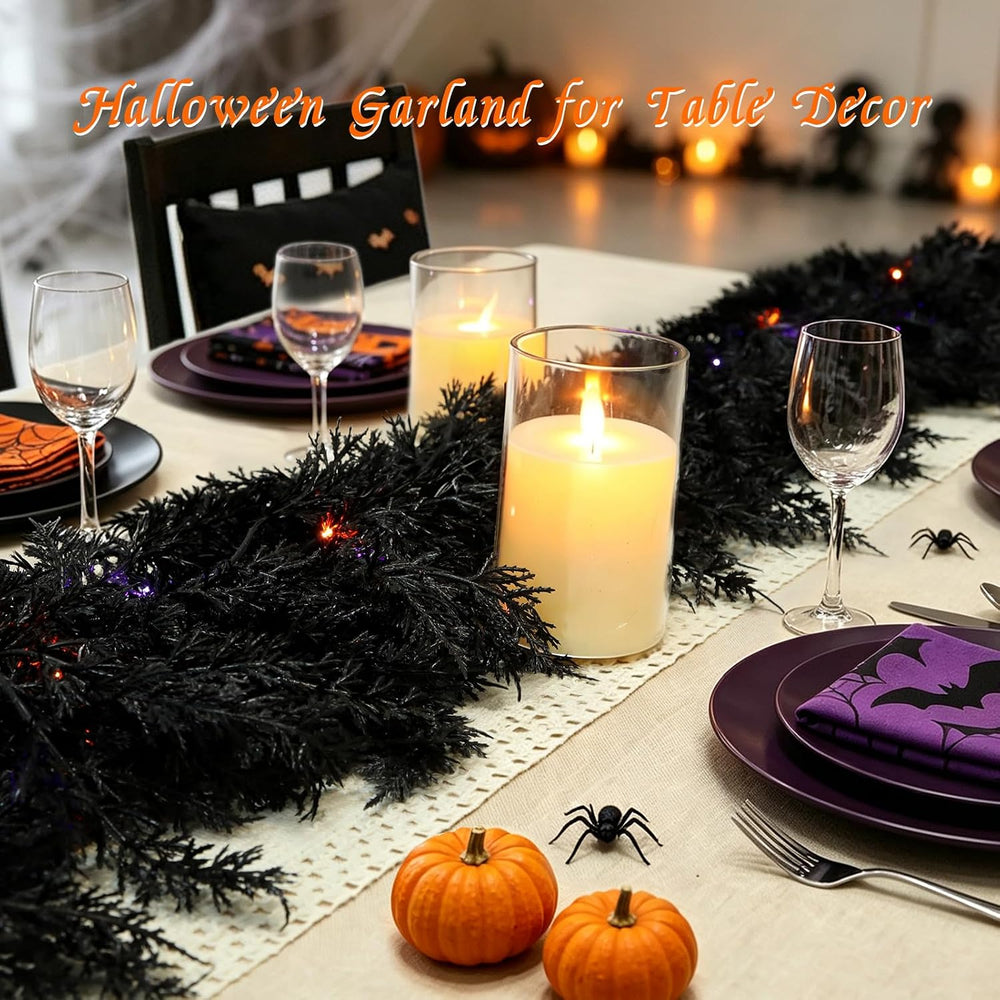 9ft Black Cedar Halloween Garland for Mantle, Soft Touch with Timer Lights