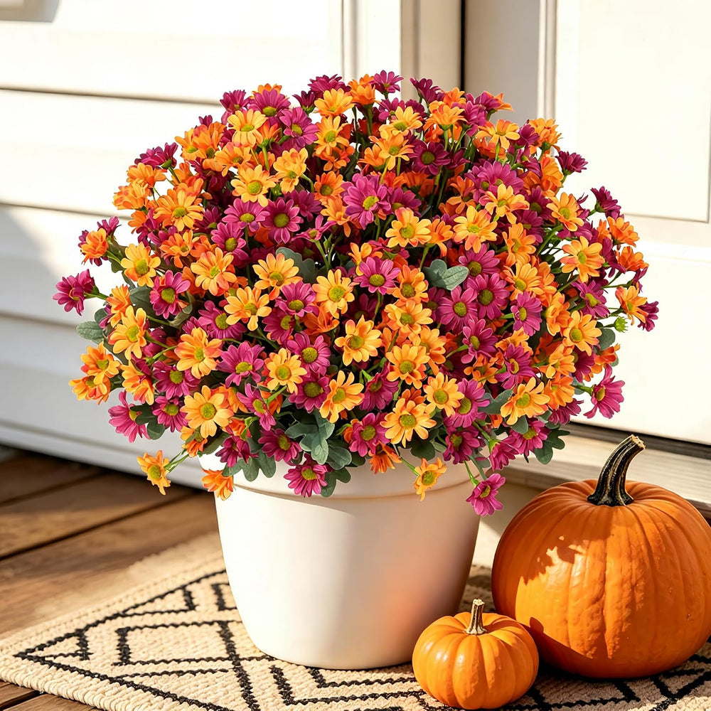12 Bundles Fall Flowers Artificial, UV Resistant Faux Mums for Outdoors