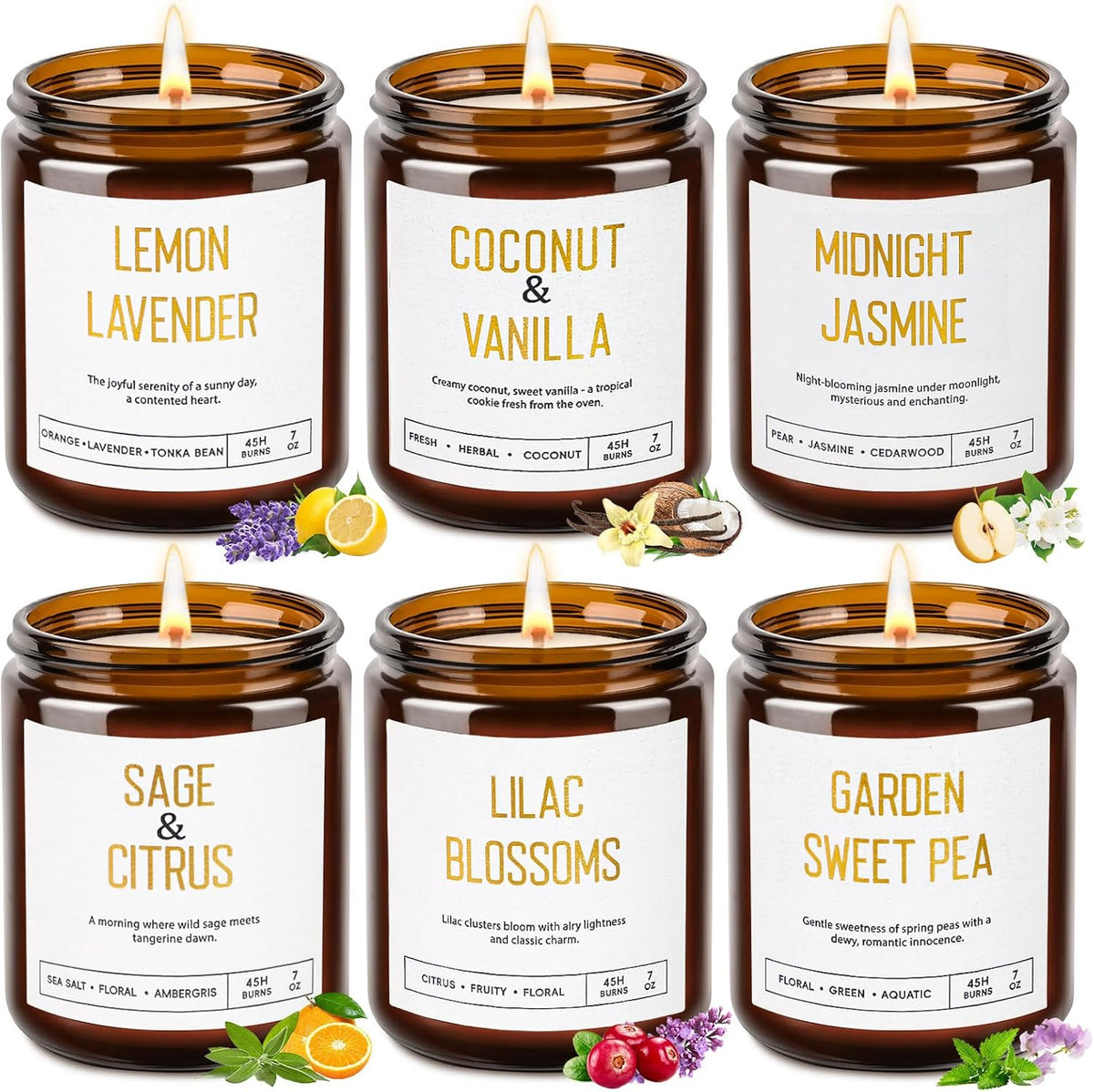 Candles for Home Scented - Soy Candles Non Toxic, 6 Pack Candle Gift Set | 42oz 300h Long Lasting Aromatherapy Candles with Lavender Lemon Vanilla Coconut Jasmine Sage - Floral & Fruity Scents
