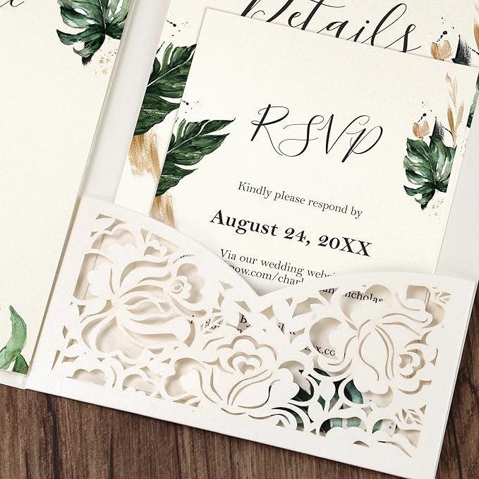 DORIS HOME 50pcs Laser Cut Wedding Invitation Pockets with Envelopes Ivory White, 5.12" x 7.12"Invitation Cards for Wedding, Anniversary (No Inserts Included)
