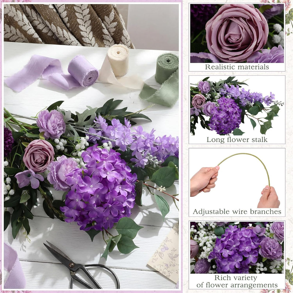 72 Pcs Purple Artificial Flowers Bouquet Set 8 Kind with Long Stem