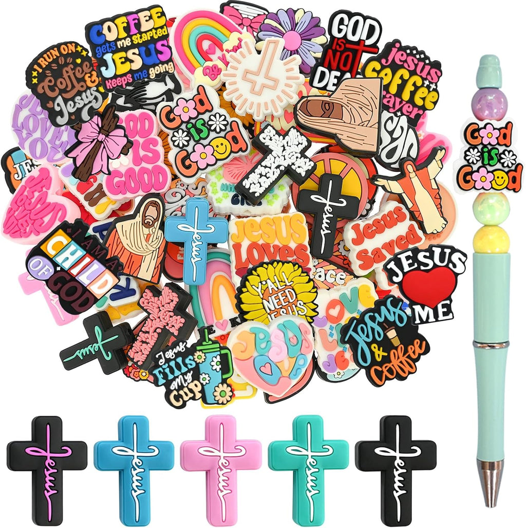 100PCS Jesus Focal Beads forPens, Bulk Silicone Focal Beads for DIY Beadable Pen Keychain Bracelet Lanyard Making
