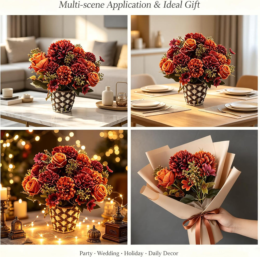 8 Pack Artificial Fall Flowers, Orange Red Silk Faux Bouquet