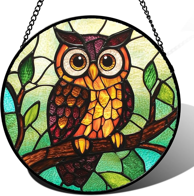 Stained Glass Window Hanging - Owl on a Branch Suncatcher for Doors Window Home Orange Brown Sun Catchers Decor Christmas Mother's Day Birthday Gifts for Teacher Women Men Mom Nana 9.8 in