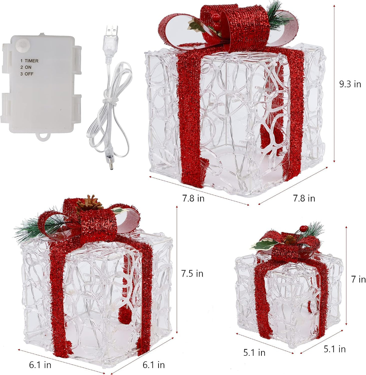 atdawn set of 3 lighted gift boxes christmas, close-up detail