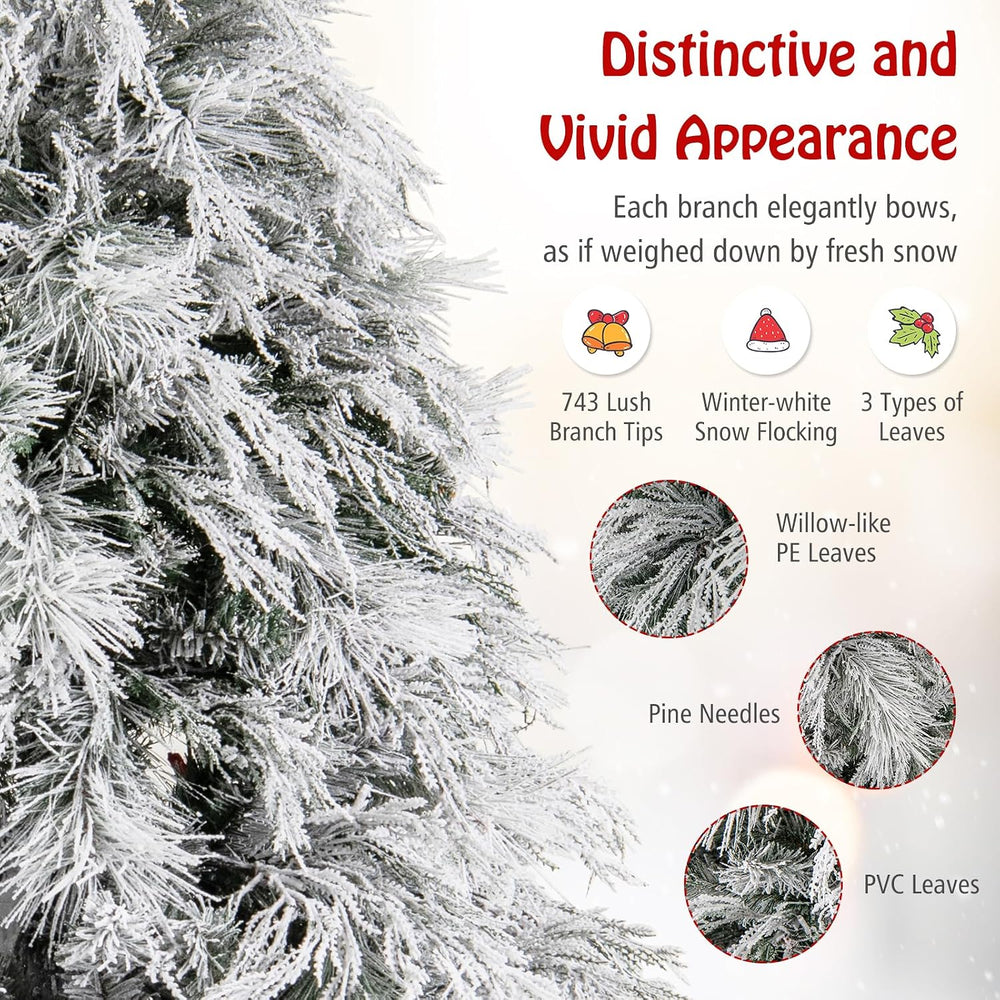 Goplus 7ft Pre-Lit Snow Flocked Christmas Tree, Artificial Hinged Full Xmas T...