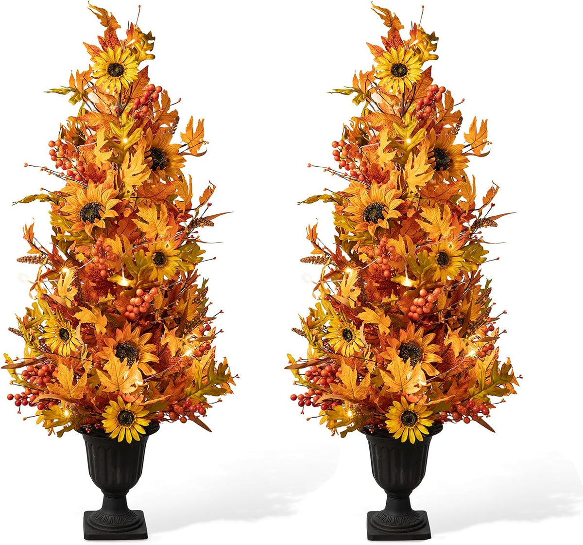 Glitzhome 2 Pcs 4FT Lighted Maple Tree with Timer, Artificial Fall Autumn Maple Leaf & Sunflower Urn Porch Tree with 20 Warm White LEDs for Autumn Fall Harvest Thanksgiving Christmas Decoration