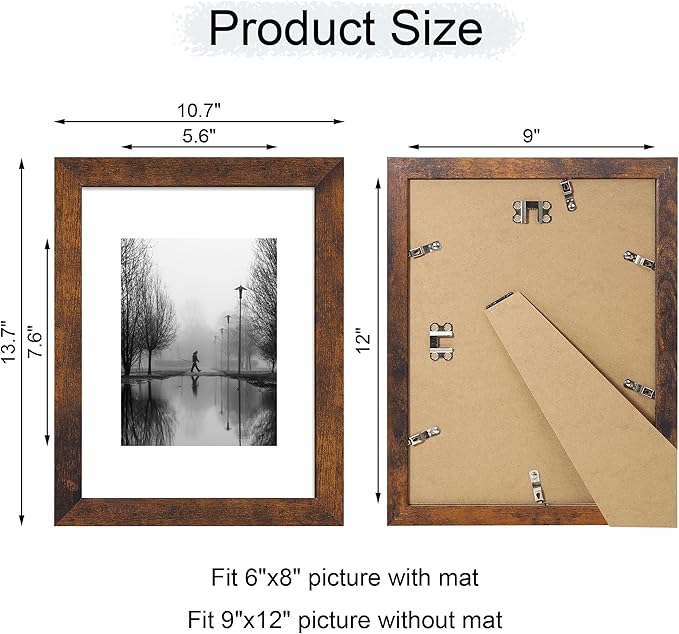 9x12 Picture Frame Set of 4 with Tempered Glass, Wooden Rustic Frame Display 6x8 Pictures with Mat or 9 x 12 Without Mat, Photo Frame for Wall Mount and Tabletop Display