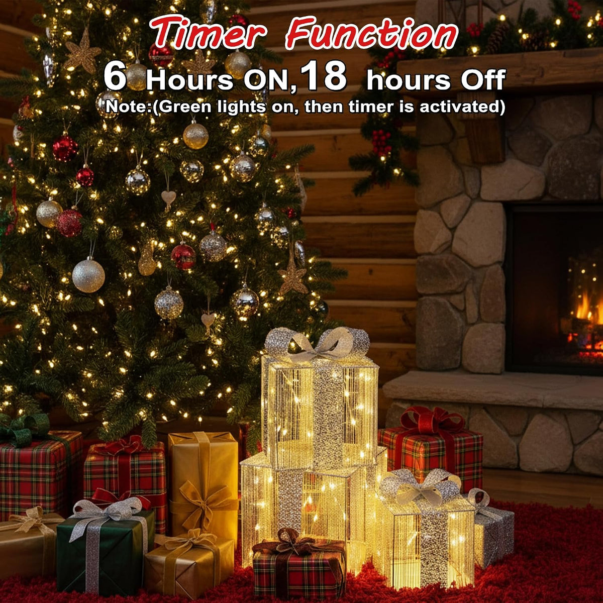 set of 3 christmas lighted gift boxes, close-up detail