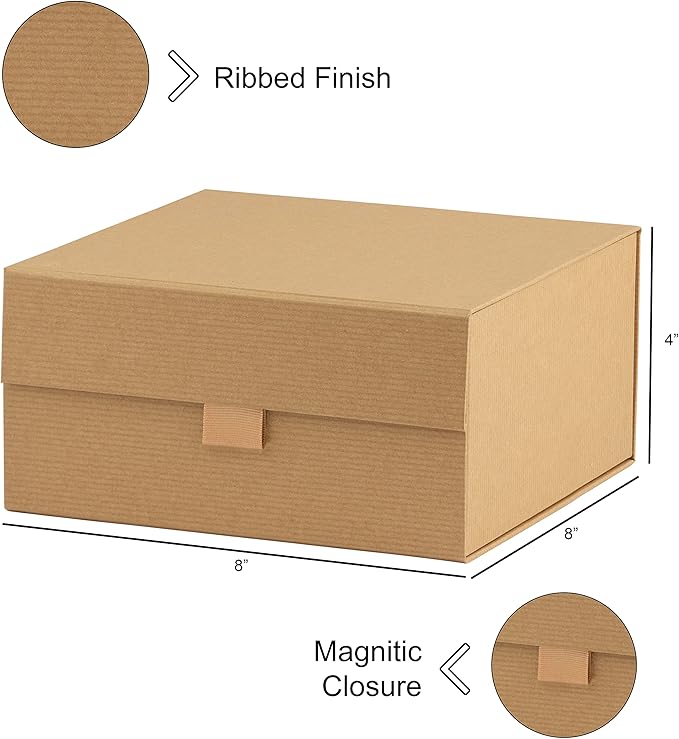 Purple Q Crafts 5 Pack Brown Kraft Ribbed Hard Gift Box With Magnetic Closure Lid 8"x8"x4" Square Favor Boxes With Classy Ribbed Paper Finish…