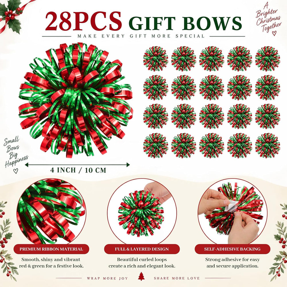 28 Pcs 4 Inches Christmas Gift Bows, Red, Green