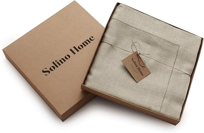 Solino Home Linen Tablecloth for Rectangle Tables 60 x 90 Inch - Classic Hemstitch 100% Pure Linen Natural Table Cloth - Machine Washable Cloth Tablecloth for Fall, Thanksgiving, Christmas, Holiday
