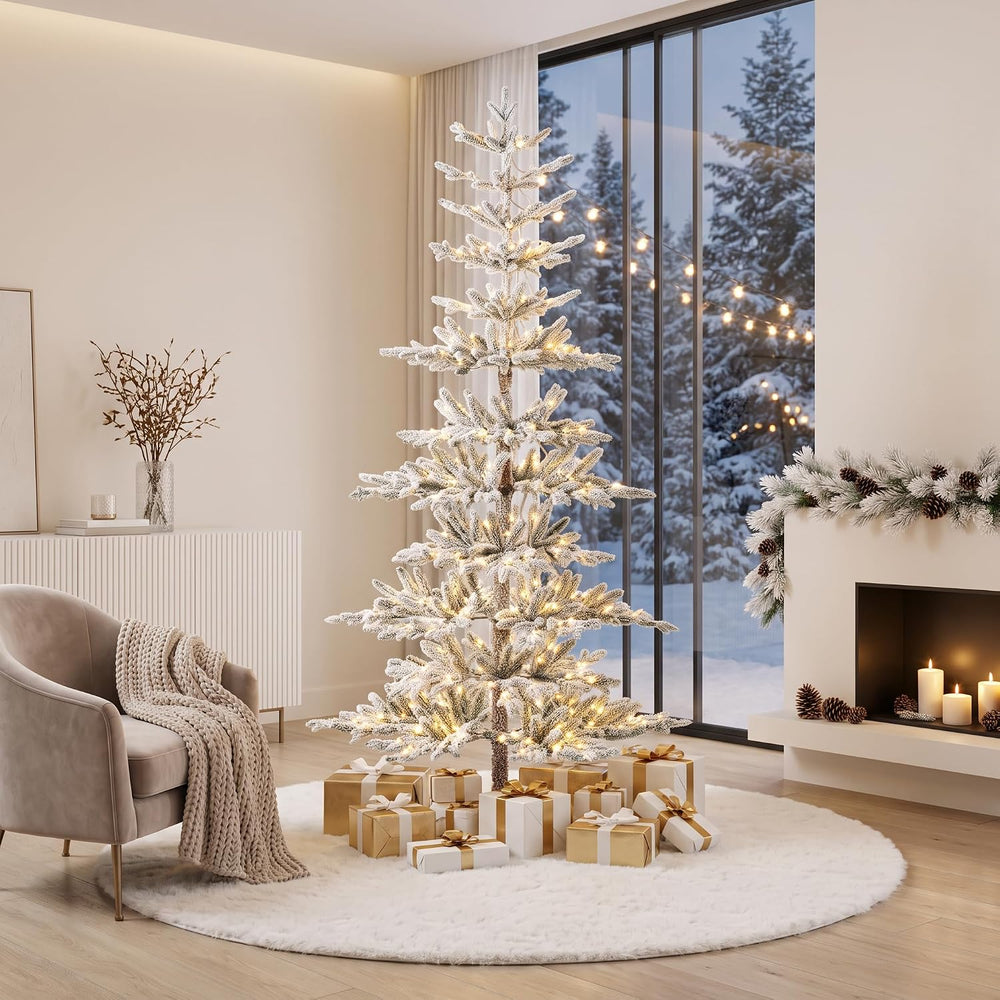 Glitzhome Flocked Christmas Tree, 7ft Pre-Lit Artificial Christmas Tree with ...