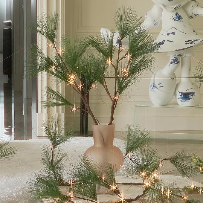 Fudios Lighted Pine Branches with Timer 32IN Battery Operated or USB Plug in, Lit Willow Branches with Lights for Christmas Fireplace Mantle Decor
