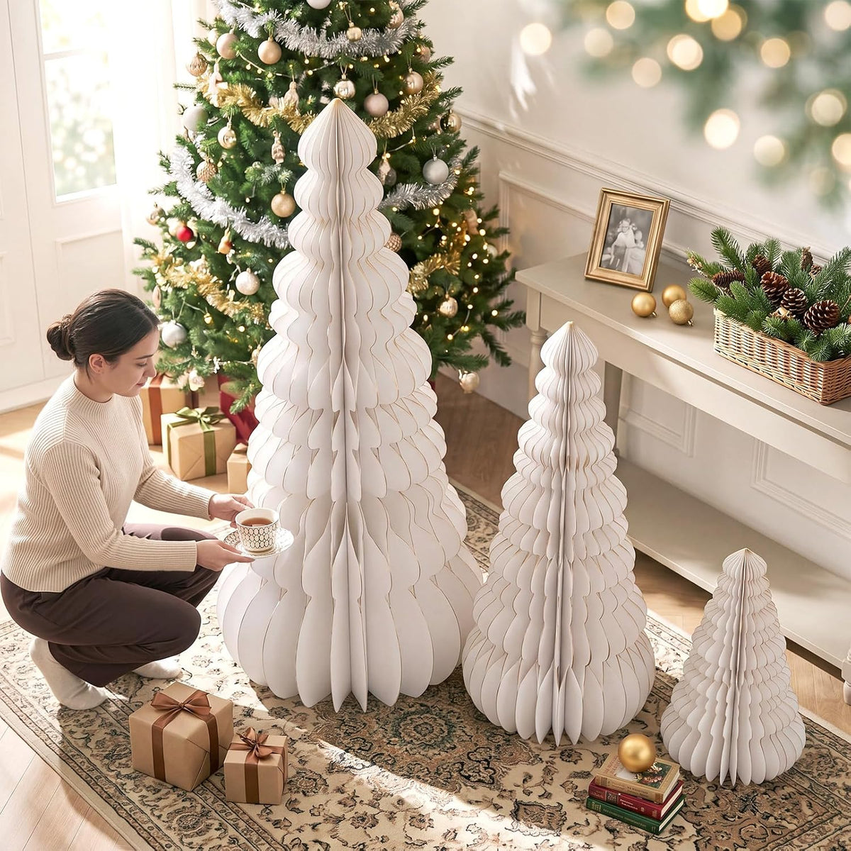 GlikCeil 3 Set Large Honeycomb Paper Christmas Tree Tall, White