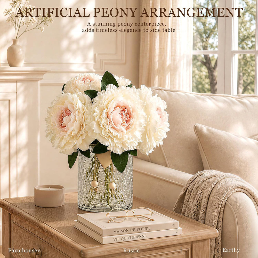 Peonies Artificial Flowers in Vase for Farmhouse Shelf Decor, White&Pink
