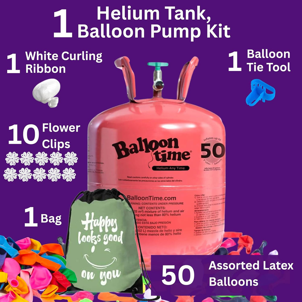 Balloon Time Disposable Helium Tank 14.9 cu.ft with 50 Latex Balloons